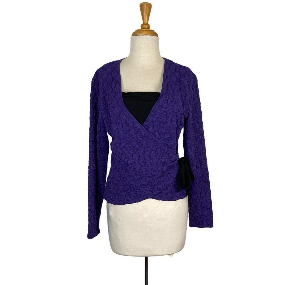 Andria Lieu M L XL Faux Purple Wrap Top Dots Art To Wear Career Office